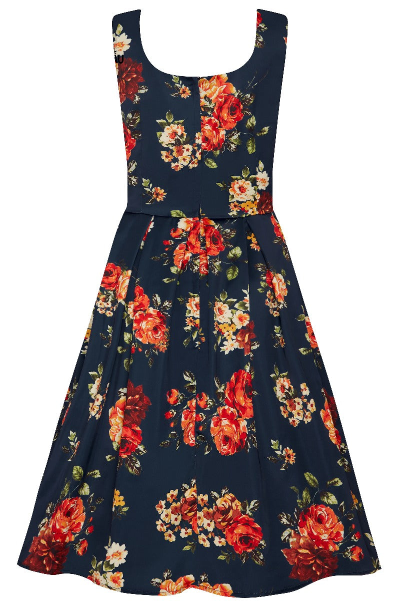 Gorgeous Amanda 50s Inspired Swing Dress Blue with Orange Roses